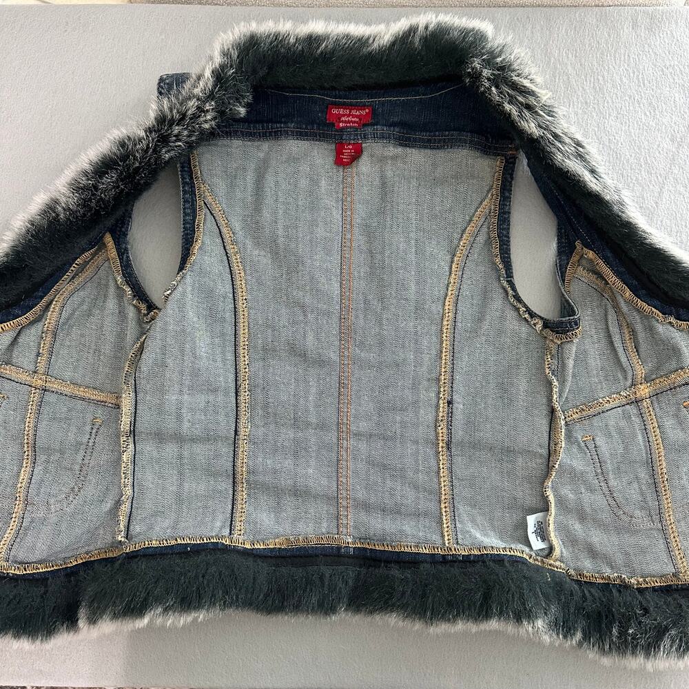 Vintage Y2K Guess Jeans Denim Vest With Faux Fur Trim Size Large - Picture 9 of 16